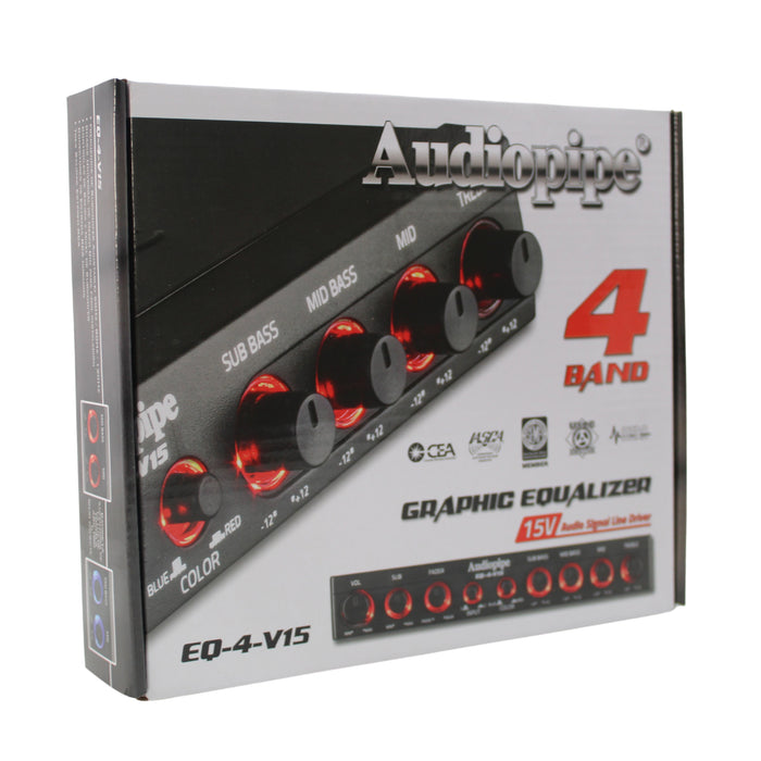 Audiopipe 15V 1/2 Din 4 Band Graphic Equalizer with Subwoofer Control EQ-4-V15