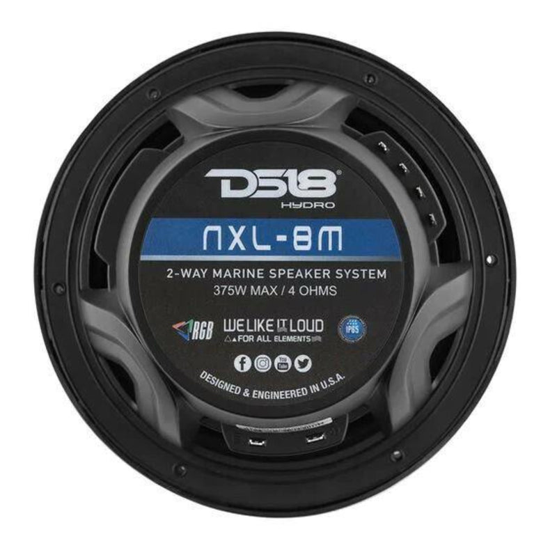 Pair of DS18 HYDRO Black 8" 125W 4 Ohm 2-Way Marine Speakers RGB NXL-8M-BK