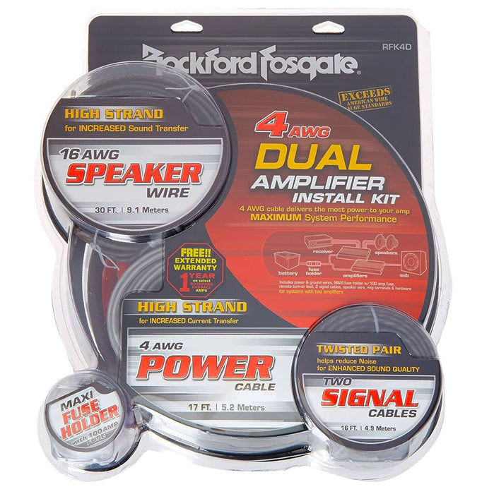 Rockford Fosgate RFK4D 4 Gauge PC-OFC Complete Dual Amplifier Install Kit OPEN BOX