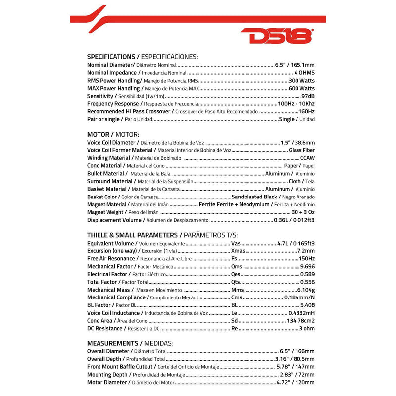DS18 6.5" Mid-Range 600W 4-Ohm Motorcycle Loudspeaker with Bullet Pro Car Audio