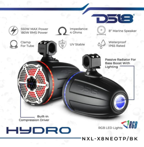 Pair DS18 8" RGB 180W RMS 4 Ohm Hydro Marine Tower Speakers NXL-X8TPNEO/BK