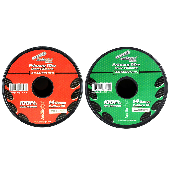 Audiopipe 2 Pack of14ga 100ft CCA Primary Ground Power Remote Wire Red & Green