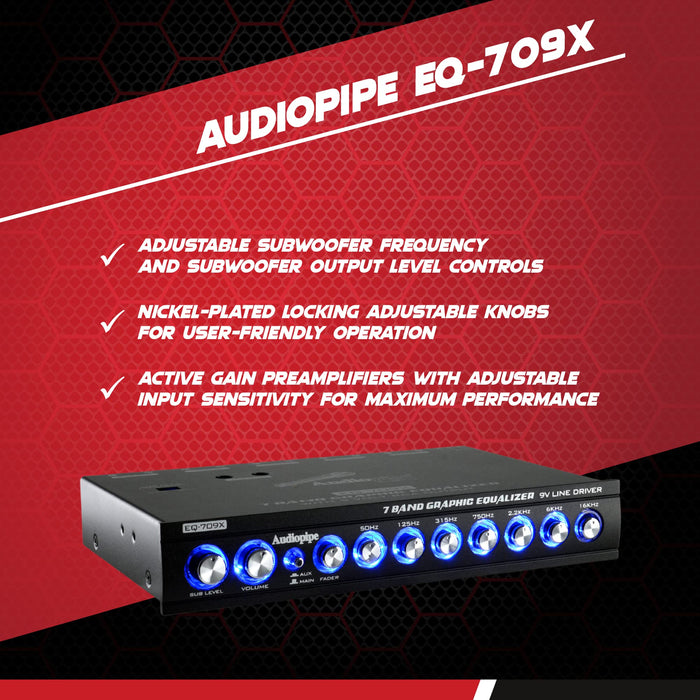 Audiopipe 7 Band 9V Line Driver with Subwoofer Control Graphic Equalizer EQ-709X