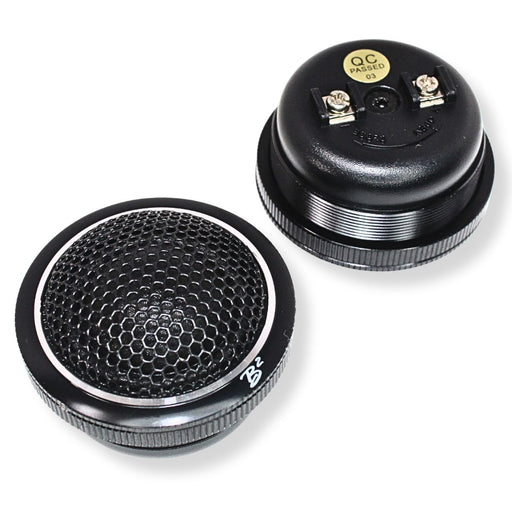 Front and back of 1 pair of 1.5" Flush Mount Car Tweeters – B2 Audio MANI | 15W RMS 4 Ohm Pair