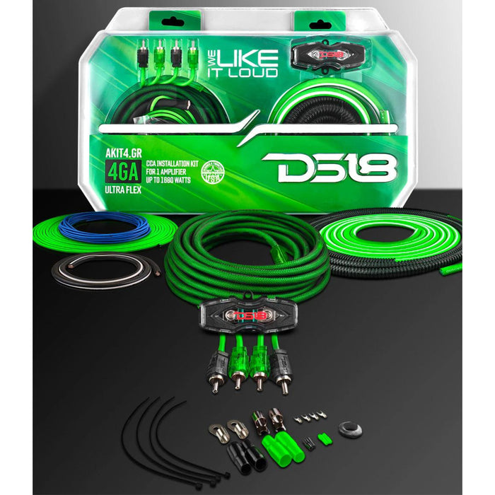 DS18 AKIT4 CCA 4-Gauge Amplifier Installation Kit - Green / DS-AKIT4-GR