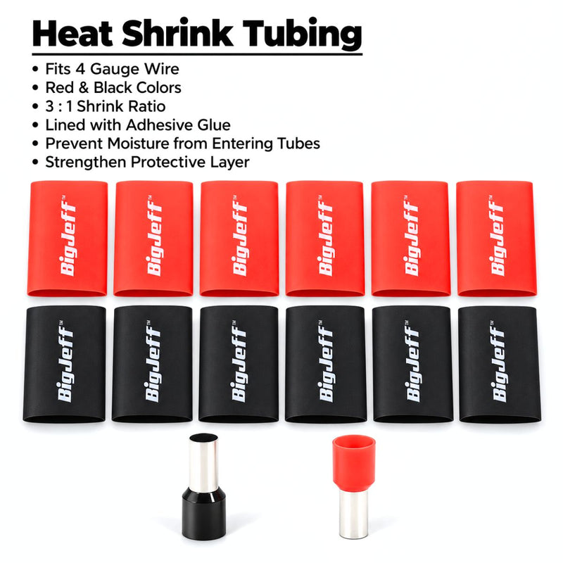 Big Jeff Audio 4 AWG Wire Ferrule & Heat Shrink Kit, 12 Ferrules, Red/Black