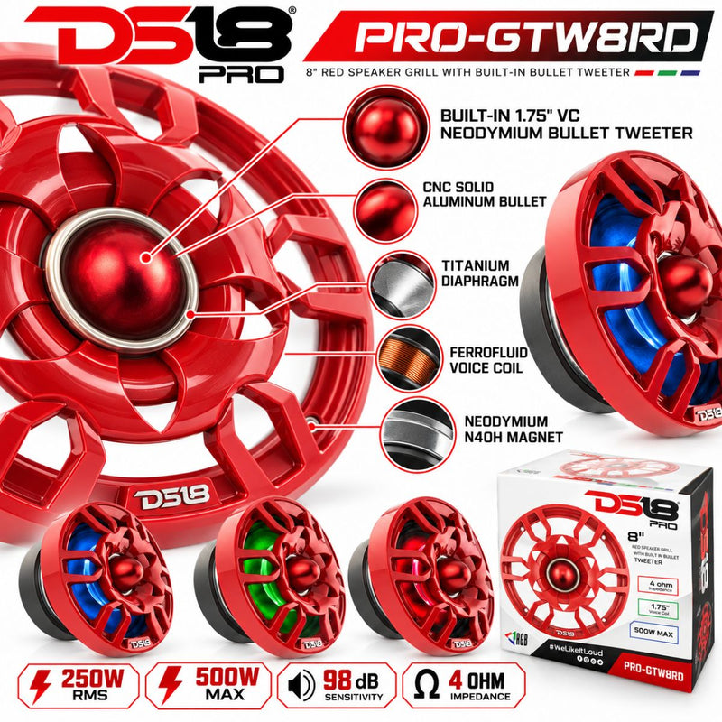DS18 PRO-GTW8RD 8" Red RGB Speaker Grille with 1.75" Neodymium Bullet Tweeter 250W RMS 4 Ohm