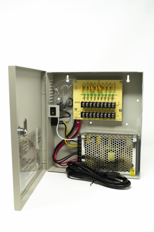 side inside view of 12V DC 9-Channel CCTV Power Supply Box 10A Surge Protected CP1209-10A
