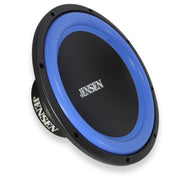 Jensen JW124 12 inch car audio subwoofer rated at 400 watts RMS and 4 ohms. Designed for sealed or vented enclosures with deep bass. Subwoofer Front Side View