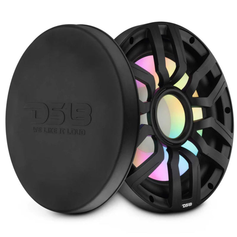 12" black marine subwoofer with 600W RMS, IP65 rating, and LED lighting. Built for boats and UTVs with deep, powerful bass. Speaker Image