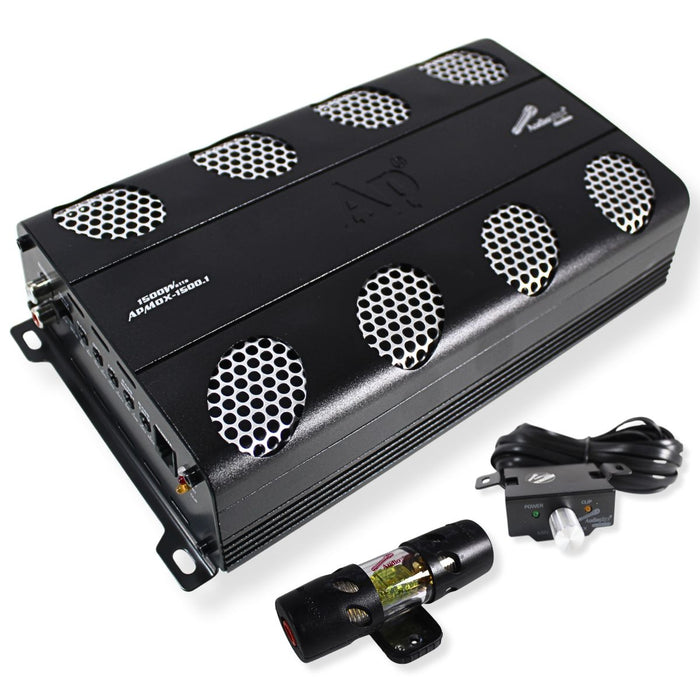 Get clean, powerful sound with the APMOX-1500.1 Class D amplifier. Compact design, MOSFET power, adjustable filters, bass boost, and full protection. Amplifier Top View