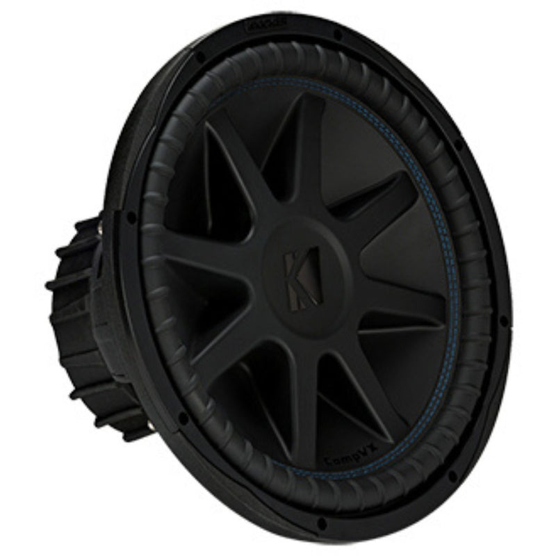 KICKER 15" CompVX CVX154 subwoofer with 1000W RMS, 4 Ohm DVC, and SoloKon cone. Cast aluminum basket for clean, powerful bass  Subwoofer Close Up