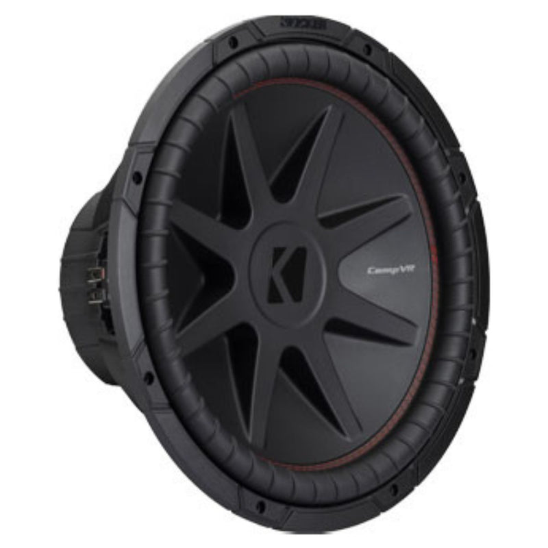 KICKER 15" CompVR CVR154 subwoofer with 1400W peak, 4 Ohm DVC, and SoloKon cone. Deep, clean bass for sealed or ported boxes. Built to deliver. Subwoofer Close Up