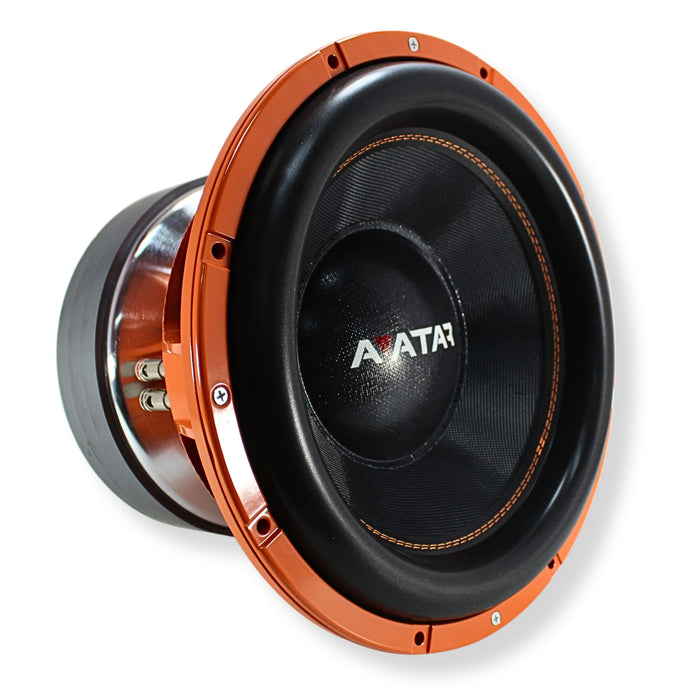 15" Dual 1-Ohm Car Audio Subwoofer 7600 watts, Avatar Volcano Orange SVL-1547-D1 front side angle view