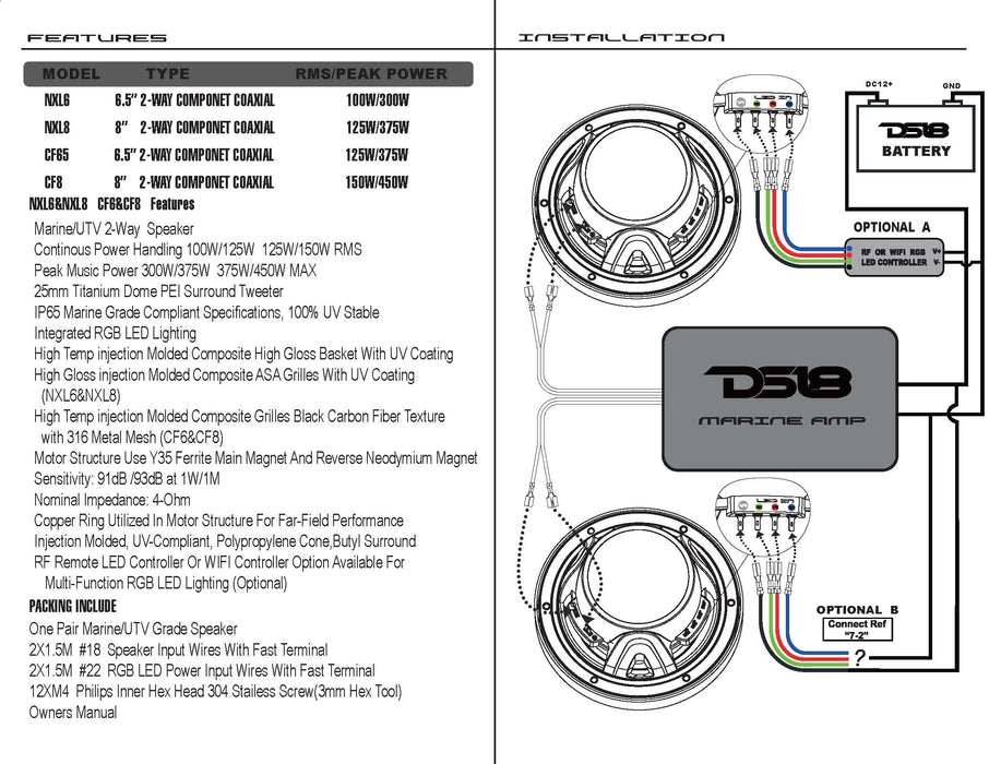 DS18 Hydro 6.5 Marine Speaker System Pair 2 Way RGB LED Lights 375W 4 Ohm CF65