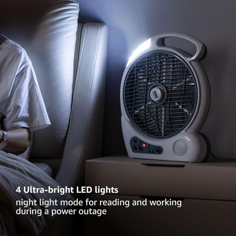 10" 2 Speed Rechargeable Cooling Fan AC/DC Radio USB 5V LED 110 -240 Volts
