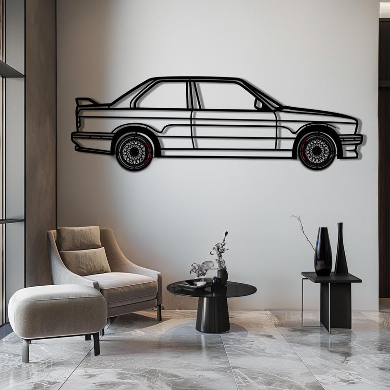 BMW E30 M3 Metal Car Wall Art with Rotating Wheels - Classic M Power Silhouette Decor - Interactive Automotive Wall Art - KAFMEKA100