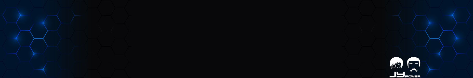 This is a promotinal banner for the JY Power Brand, it features a glowing blue hexagon shape background with the JY Power logo on the bottom right corner and a black gradient center