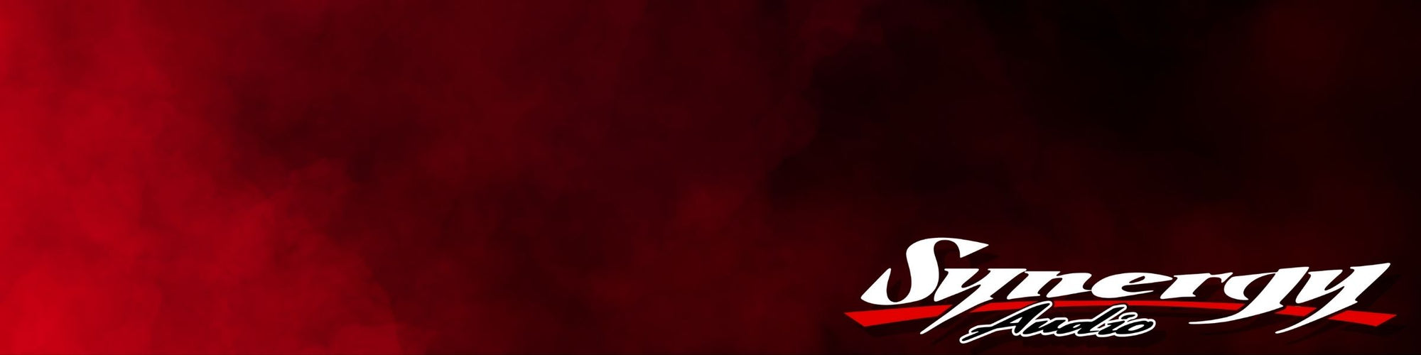 This is a decorative Synergy Mobile Audio banner, is dark with red smoke and the Synergy Audio Logo in black and white.