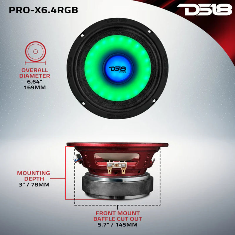 DS18 6.5" Mid-Range Loudspeaker Dual RGB LED For Cone & Dust cap 250 Watt 4-Ohm