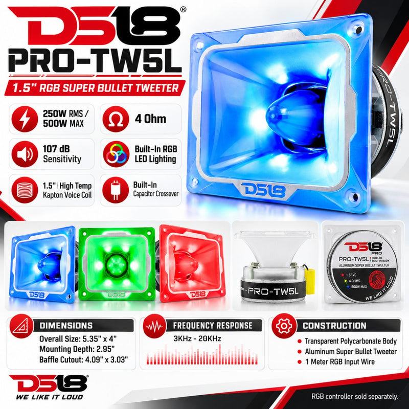 DS18 1.5" Aluminum 4-Ohm Vc Super Bullet Tweeter 250 Watt RGB LED Light PRO-TW5L