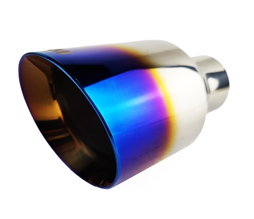 Single Round Slant Cut Exhaust Tip Blue Burnt Flame Auto Product Makers NT-2549