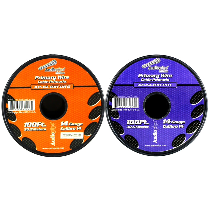 Audiopipe (2)14ga 100ft CCA Primary Ground Power Remote Wire Spool Purple/Orange