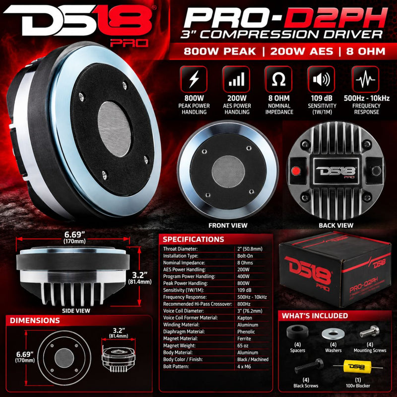 DS18 PRO Car Audio Compression Driver 3" 8 Ohm 800 Watt Phenolic VC Bolt on