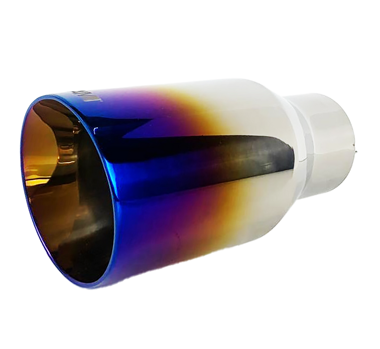 Single Round Slant Cut Exhaust Tip Blue Burnt Flame Auto Product Makers NT-2578