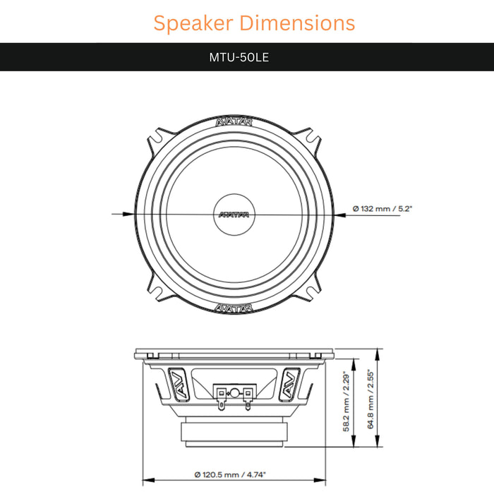 Avatar Car Audio 5.2" 4 Ohm 140W Peak/70W RMS Mid-Range Speakers Pair MTU-50LE