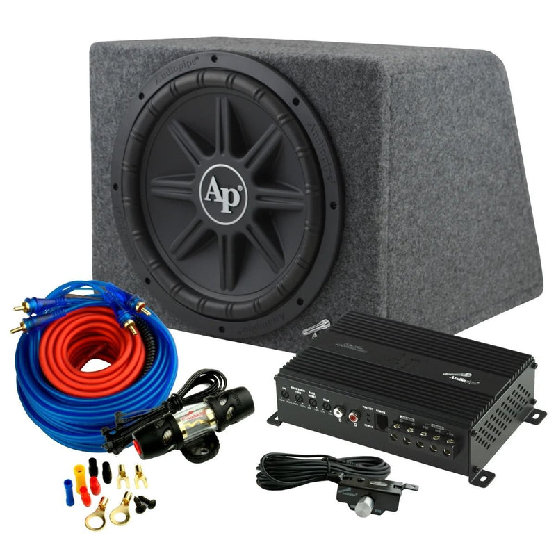Audiopipe Bass Package Single 12" 500W RMS Subwoofer Sealed Enclosure w/ Amp + Amp Kit