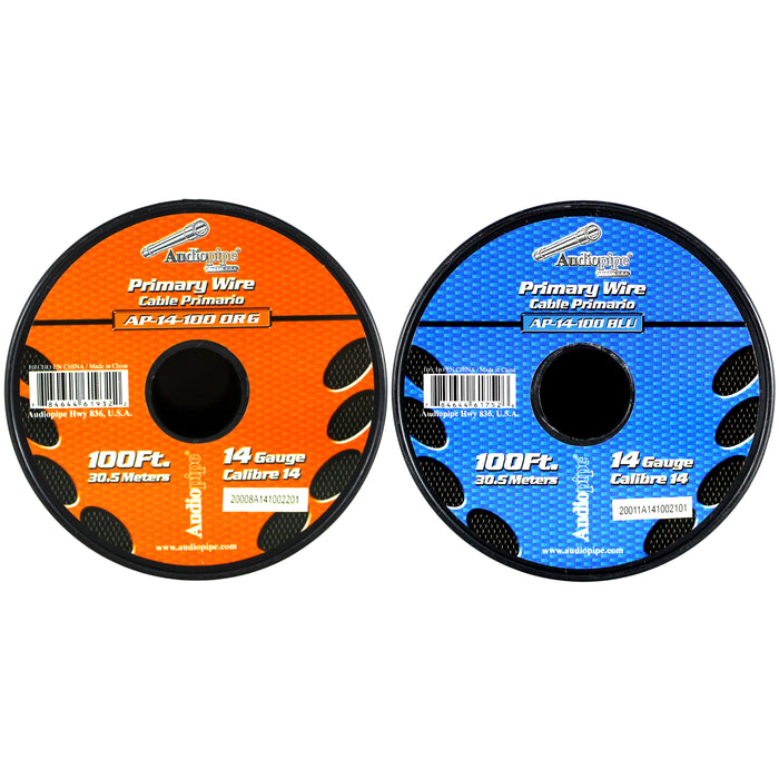 Audiopipe (2) 14ga 100ft CCA Primary Ground Power Remote Wire Spool Blue/Orange