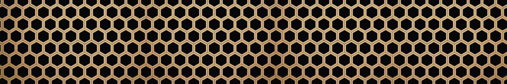 “Black background with repeating gold hexagon honeycomb pattern forming a geometric grid across the entire image.”