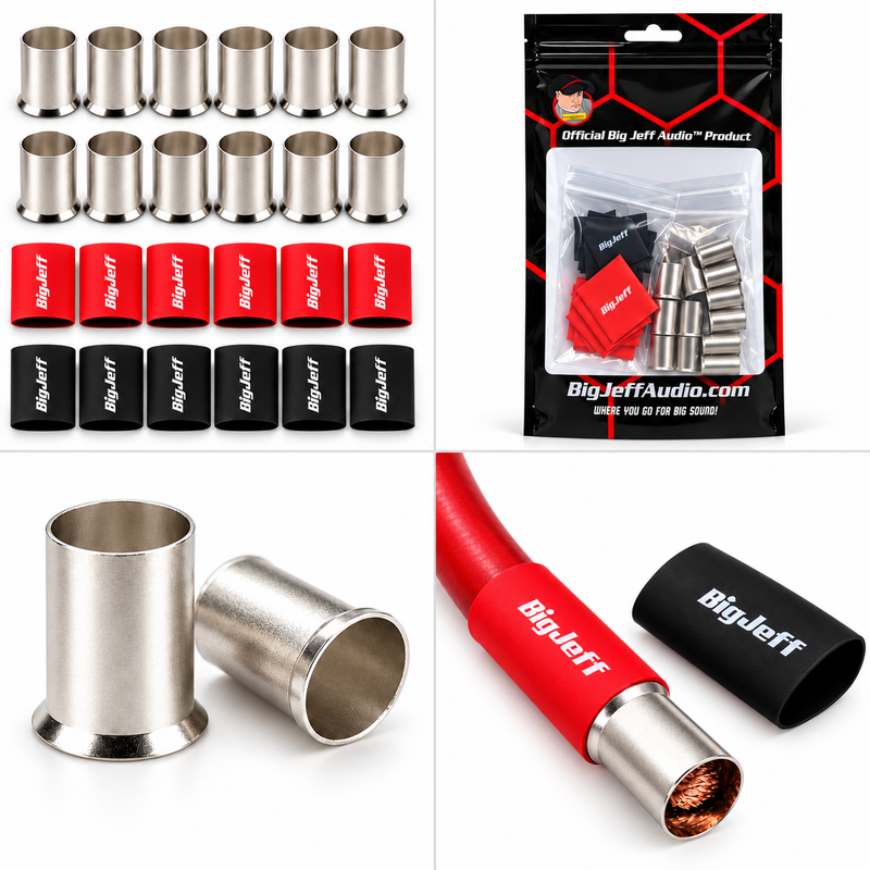 Big Jeff Audio 1/0 Gauge Wire Ferrule & Heat Shrink Kit, 12 Ferrules, Red/Black