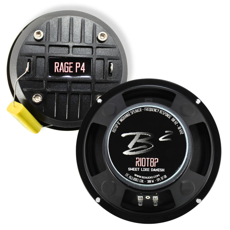 B2 Audio RAGE 1200.4 Amplifier + RIOT8P 8" Midrange + RAGE P4 Tweeter Combo