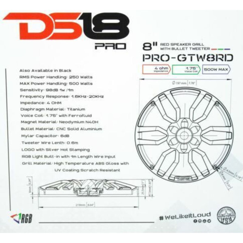 DS18 PRO-GTW8RD 8" Red RGB Speaker Grille with 1.75" Neodymium Bullet Tweeter 250W RMS 4 Ohm