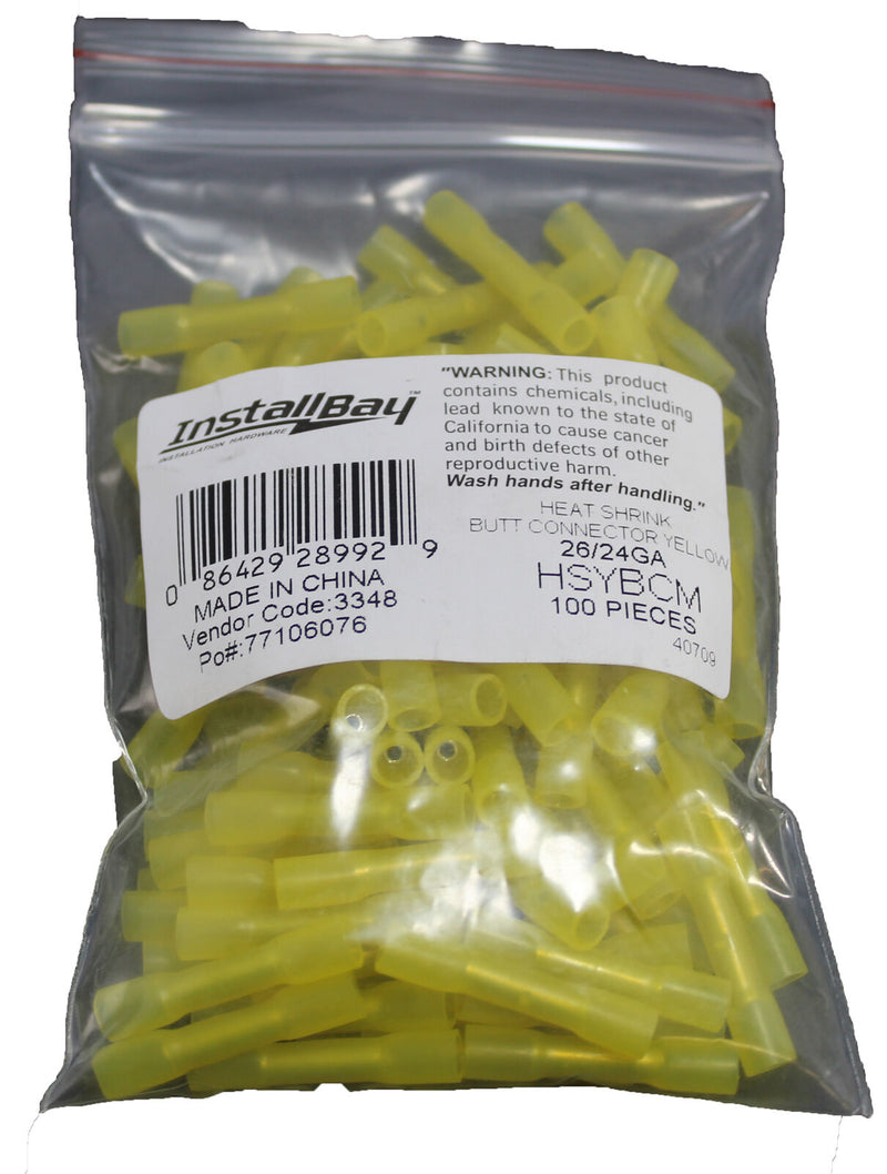 InstallBay 100PK Heat Shrink Yellow Butt Connector 24/26GA ME-HSYBCM