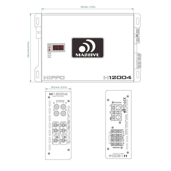 340W RMS x4 2-Ohm 4-Channel Amplifier Massive Audio HIPPO Series MA-H1200.4