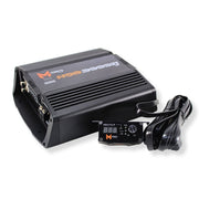 Push deep, clean bass with the HQB3000.1. 3000W RMS @ 1 Ohm, subsonic filter, bass boost, and remote voltage display—built for serious subwoofer power. View of front side angle amplifier and bass nob controller.