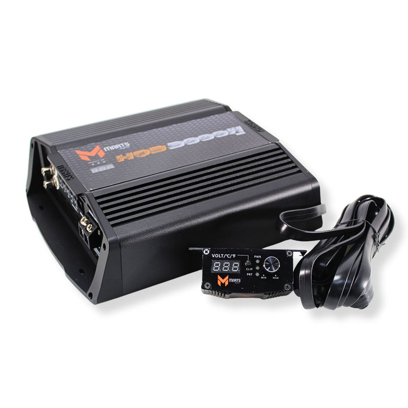 Push deep, clean bass with the HQB3000.1. 3000W RMS @ 1 Ohm, subsonic filter, bass boost, and remote voltage display—built for serious subwoofer power. View of front side angle amplifier and bass nob controller.