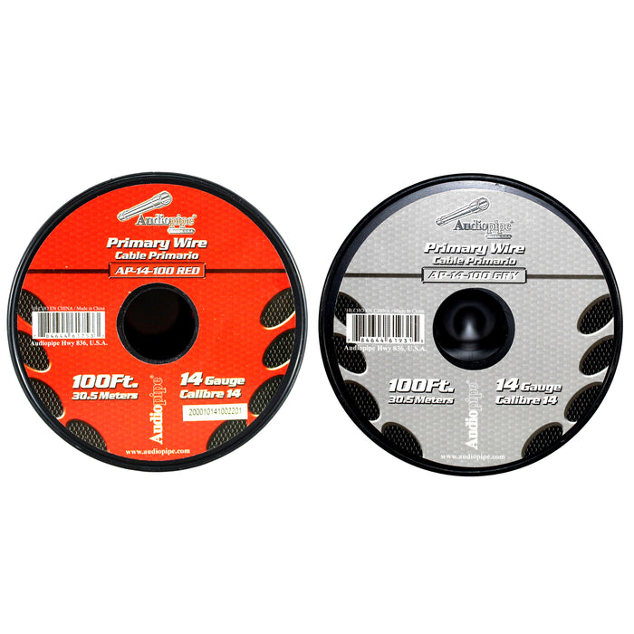 Audiopipe (2) 14ga 100ft CCA Primary Ground Power Remote Wire Spool Red & Gray