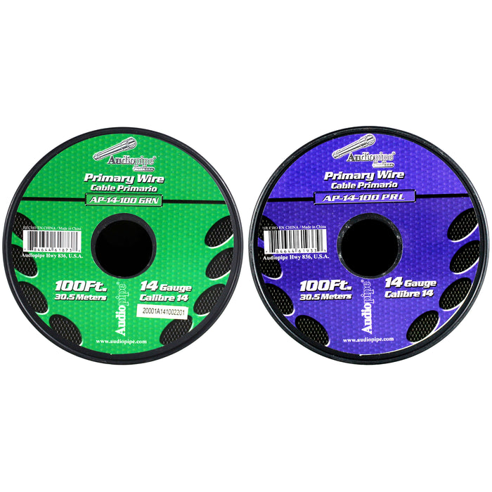 Audiopipe 2 Pack of 14ga 100ft CCA Primary Ground Power Remote Wire Purple/Green