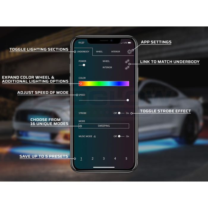 LEDGlow 4pc Million Color Bluetooth Car Underglow Lighting Kit