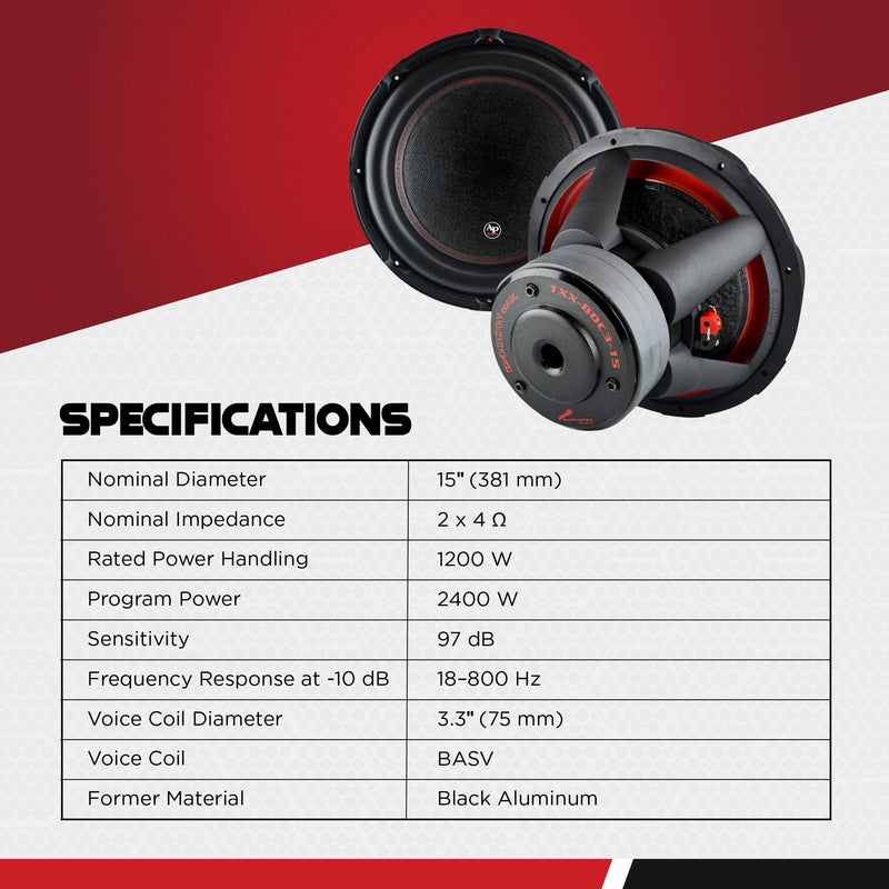 Audiopipe BD Series 15" Subwoofer - 2400W PMPO, 1200W RMS, Dual 4-Ohm Voice Coil