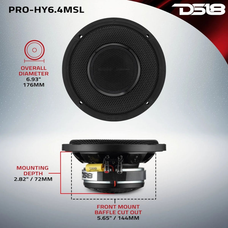 DS18 6.5" Hybrid Slim Speaker w/ 1" Driver Horn 300W Peak 4-Ohm PRO-HY6.4MSL