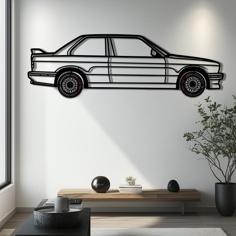 BMW E30 M3 Metal Car Wall Art with Rotating Wheels - Classic M Power Silhouette Decor - Interactive Automotive Wall Art - KAFMEKA100