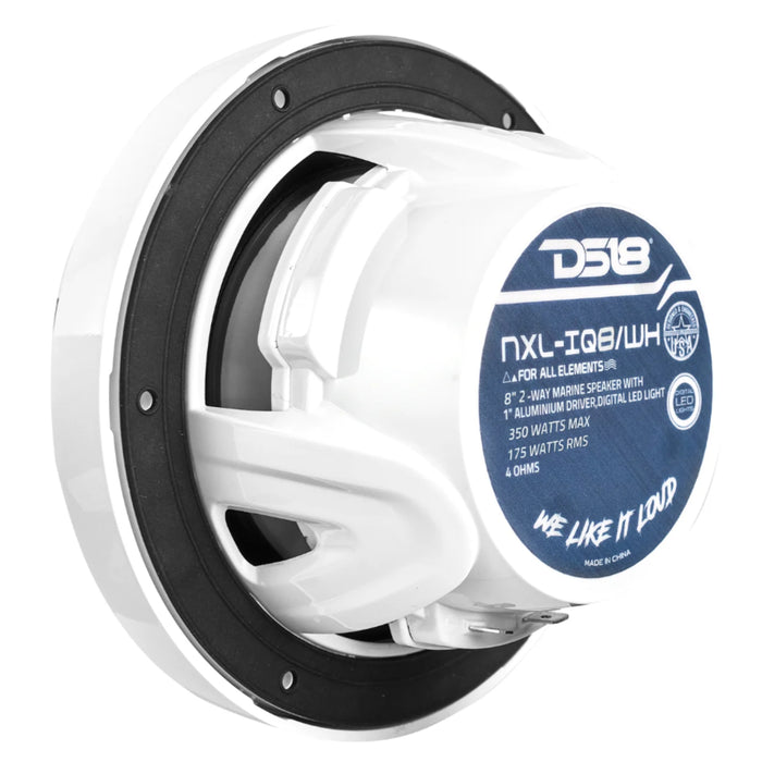 DS18 8" 2-Way 175 Watt RMS 4-Ohm RGB LED Coaxial Marine Speaker White NXL-IQ8-WH