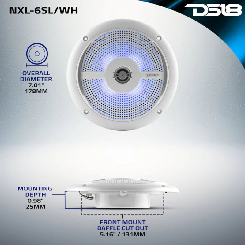 DS18 6.5" 200W 4-Ohm 2-Way Slim Marine Speakers Pair W/RGB LED White NXL-6SL