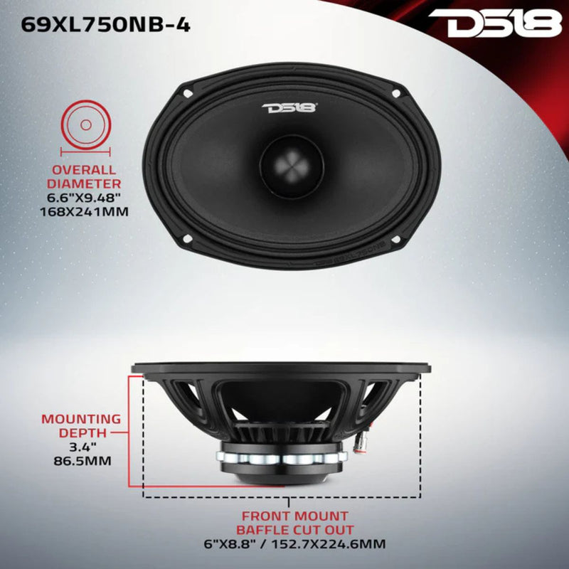 6x9" 375W RMS 4 Ohm Mid-Range Loudspeaker w Neo Bullet DS18 69XL750NB-4