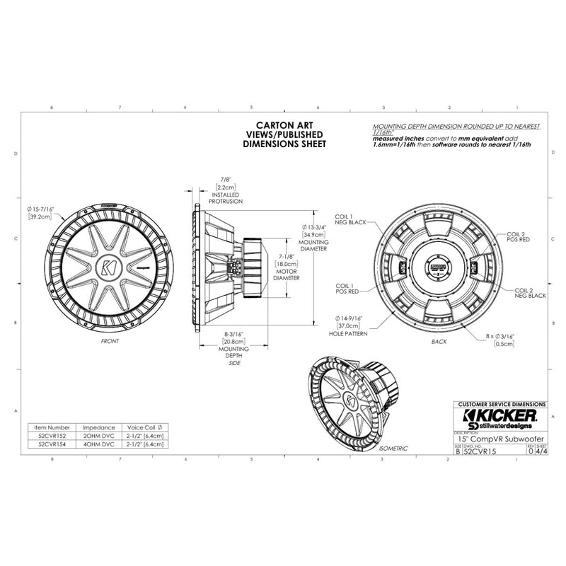 15" 1400W Dual 2 Ohm Car Subwoofer KICKER CompVR CVR152 DVC Round Bass Speaker